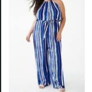 Forever 21+ Blue Striped Jumpsuit
